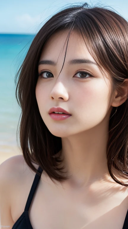 (masterpiece, Highest quality, Super detailed, masterpiece, super high quality、Crystal Clear、RAW UHD Format)、High resolution glowing eyes、Highest quality, Realistic skin texture, photograph shoot, Detailed facial features, Film Grain and High Contrast, Extremely high resolution detail, photograph, Realistic,  Bokeh, Natural light, Looking into the camera, Accurate, Anatomically correct, Side lighting, (300mm lens, f/1.4), (a Japanese woman, 18 years old), (plump lips:1.8, plump chin:1.8, plump cheeks:1.6, cute nose:1.5), mid long hair, whirling hair with wind,(Pink bikini),, close-up, beach , clear water like Hawaiian sea, add flavor of tropical island life
