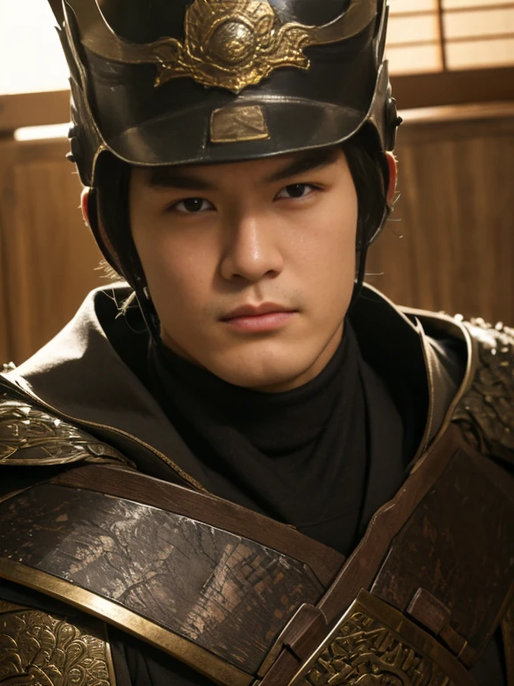Close-up of a ((extremely beautiful male warior)) , half human, half beast, their faces a bit partially obscured by military helmets. Their eyes are filled with hapiness and longing. The background is a trail of blood and violence. He wears a mechanized robot armor, carved with animal elements, human skulls. The sky is filled with swirling, fiery clouds. The photo conveys a strong sense of the warrior's appearance, ((smiling))