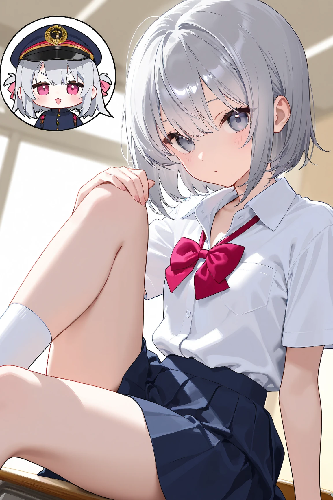 1girl, Green Eyes, Grey Hair, hair ornaments, Animal ears, Small breasts,uniform,Navy Blue Blazer,White shirt,Pink ribbon,Grey Skirt,No underwear,{{1 Black Male,Kiss on the crotch,Cunnilingus,pussy juice,}},
