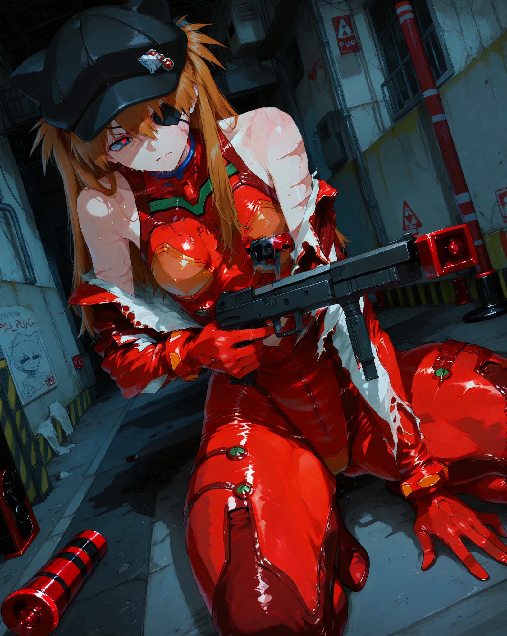 neon red, masterpiece, ultra hd, absurdres, best quality, white skin, pinup, mask, sniper rifle, action pose