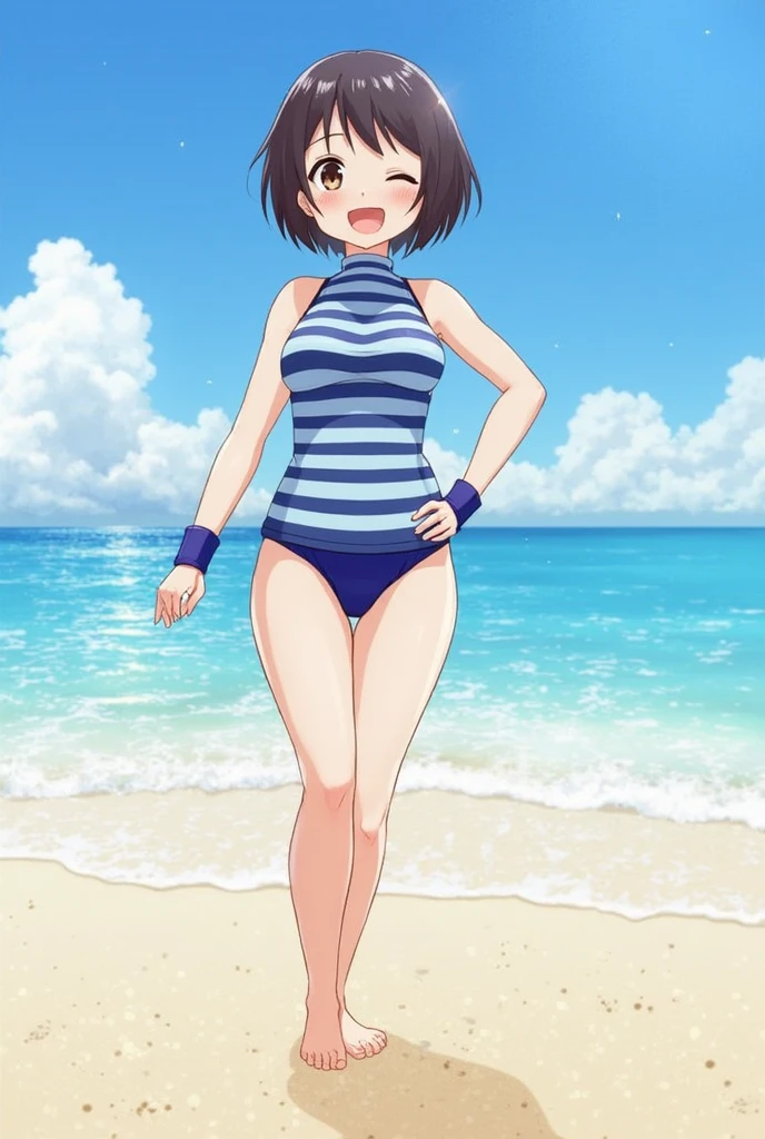 A woman with rabbit ears and a closed swimsuit is posing for a photo, Photorealistic perfect body,Good young girl, Small breasts、solo、fine!、Beach
