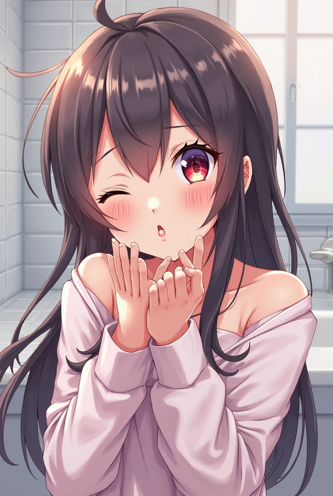 An anime woman on her knees with her eyes rolled up, her mouth open, a lot of milk dripping from her mouth and near her vagina.
