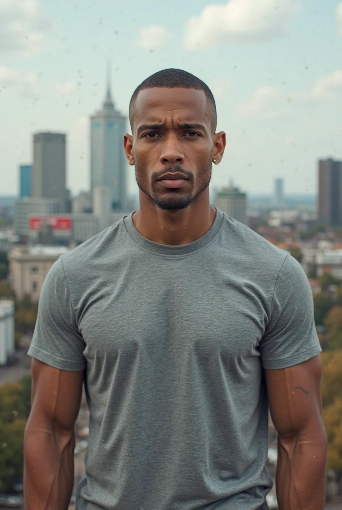 masterpiece realistic, best high quality, dark skin, 1boy, gray tank top, muscular, looking at viewer, outdoors, upper body, parted lips, eyebrow scar, cityscape, industrial, collarbone, covered pectorals, ruins, power lines, arms at sides, sfw, midriff peek