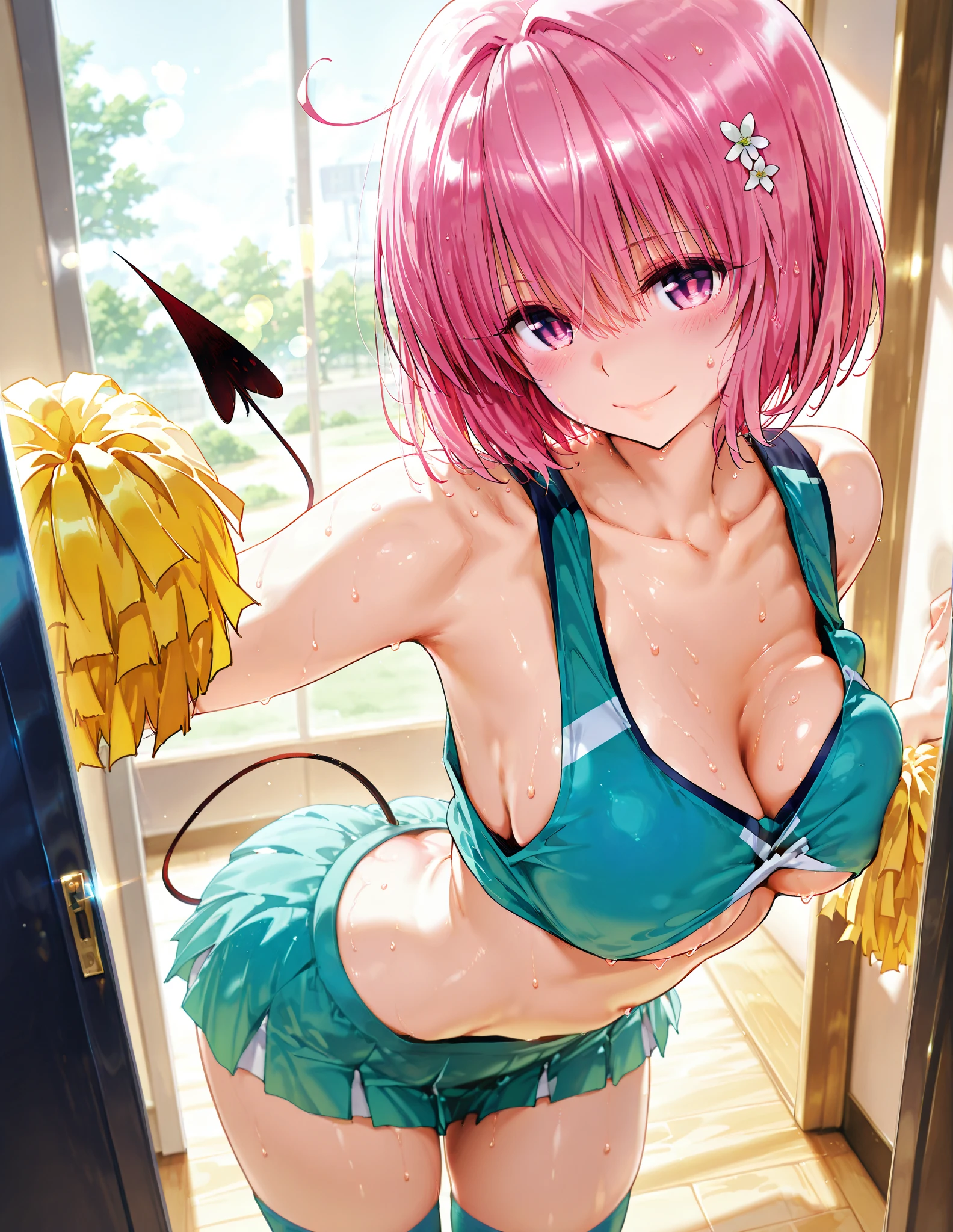 1girl,maruyama aya,{{bang dream!}}, {{official art}}, highly detailed,best quality, very thin line, clear lines, hetero, nipples,small breasts, censored, mosaic censoring, seductive smile, fun,open mouth, straddling, solo focus, sweat, looking at viewer,breasts out, bangs, collarbone, seductive smile, fun,anime visual of a cute girl,breasts out,bikini bottom aside, breasts out, anime best girl,nipples, bangs, breasts out, looking at viewer,breasts,official artwork, offcial art,cum on breasts, official artwork, high detailed official artwork, cum in pussy, cheerleader, hetero, pom pom (cheerleading), skirt, breasts, censored, 1boy, penis, sex, nipples, vaginal, navel, cum in pussy, cum, mosaic censoring, girl on top, pussy, open mouth, miniskirt, squatting cowgirl position, cowgirl position, looking at viewer, spread legs, straddling, solo focus, crop top, pov, bare shoulders, slightly upward gaze, giving a mischievous look.,  Eyes slightly looking up with half-open lids, appearing relaxed.,Slightly smirking with one corner of the mouth higher.
, Lightly blushed, indicating a bit of embarrassment.
,A mix of provocative and shy.