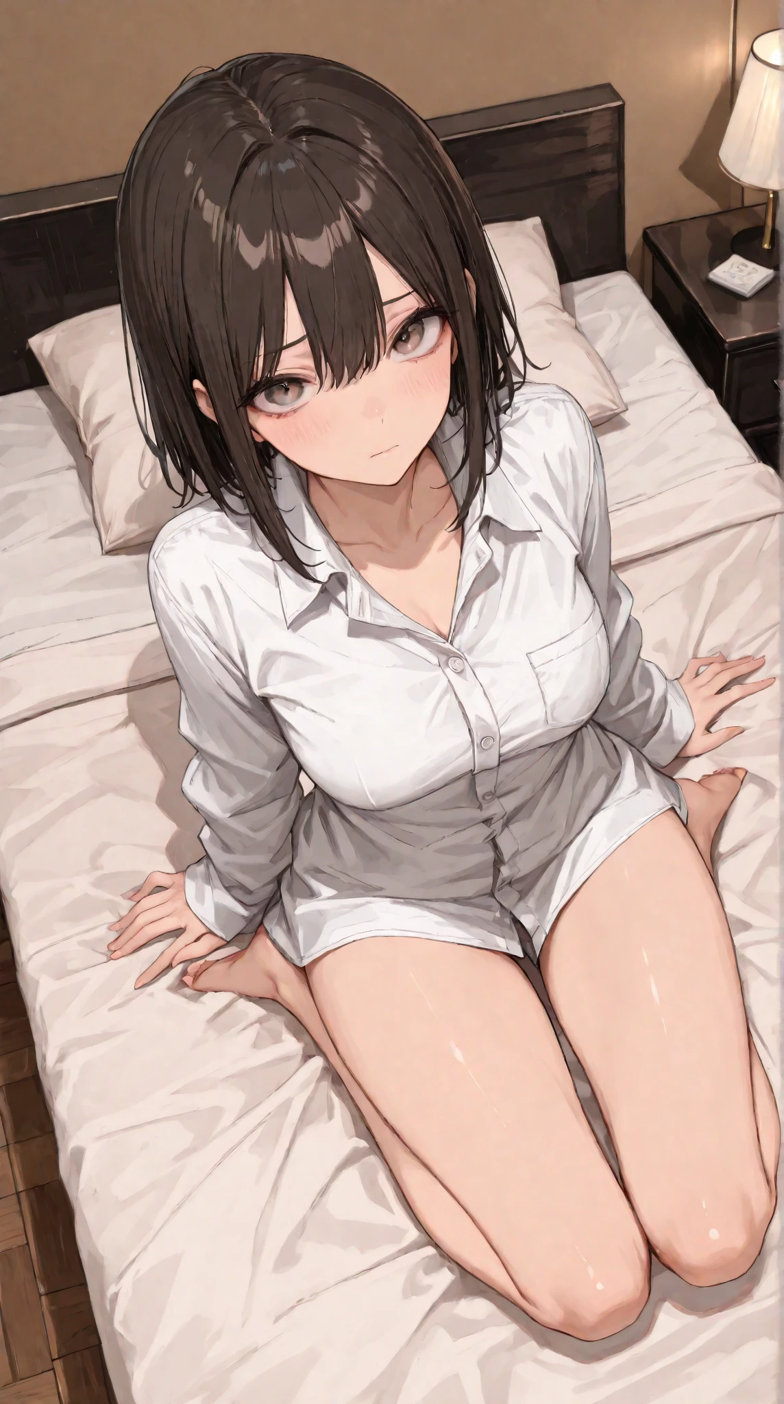 masterpiece、hight resolution、Top image quality、 kurihara chiyo、Bob cut hair、A dark-haired、bangss、A slender、tits out、Photographing the subject from below、Lying in bed、Normal bit、Missionary Pose、red blush、Shy laughter、Ashamed、teats、全barechested、barechested、Nudists、Very thin pubic hair、skinny thigh、Focus on the thighs