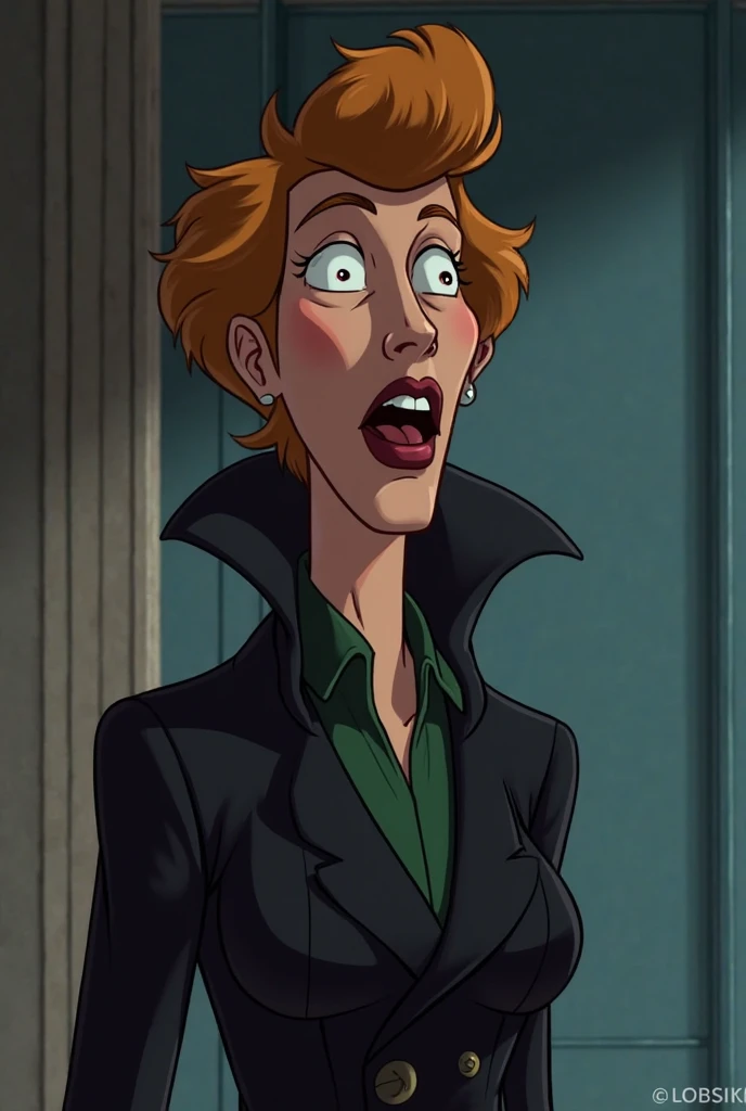 BarbaraG, solo, 1girl, looking at viewer, long hair, red hair, blue eyes, shirt, upper body, closed mouth, collared shirt, jacket, breasts, white shirt, looking at viewer, score_9, score_8_up, score_7_up, score_6_up, score_5_up, score_4_up, blowjob, sucking penis, penis in mouth, cum in mouth, facial