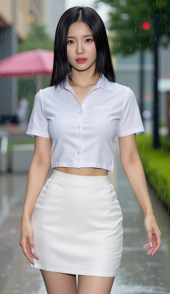 ((Top Quality, 8K, Masterpiece: 1.3)), (high detail: 1 in 1), (Focus on face),buttocks: 1.2, (Perfect Body Beauty: 1.4), ((Layered Haircut, Chest: 1.4)), (Rain:1.6), (in Street), (Wearing a (wet:1.4) white school Uniform with miniskirt and Loose Tie), Very detailed face and skin texture, narrow eyes, double eyelids, whitening skin, long hair, (Shut up: 1.3), smile,extra, real photo, psd, lamp film photography, sharp focus, contrast lighting, detailed skin, high resolution 8k, crazy detail, realistic, professional photography, 8k uhd, SLR camera, soft lighting, high quality, film grain, fujifilm XT3,