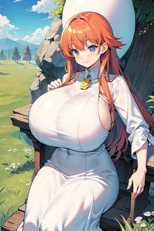 A Beautiful Adventurous Cute Girl, ((18 years-old)), with (Lush, Long Orange Hair), (Beautiful Green Eyes), ((((Extremely Huge Breasts, Excessively Gigantic Breasts, Overly Enormous Breasts, Massively Oversized Breasts, Extremely Overinflated Breasts)))), ((extremely wide hips)), mildly muscular, mildly slim figure. Wearing a (worn, Olive Green Tunic), Leather Waistband, (worn, Long DarkBrown Pants), and (Tall Grey Boots). Standing in a Forest, with a confident expression and a adventurous smile.