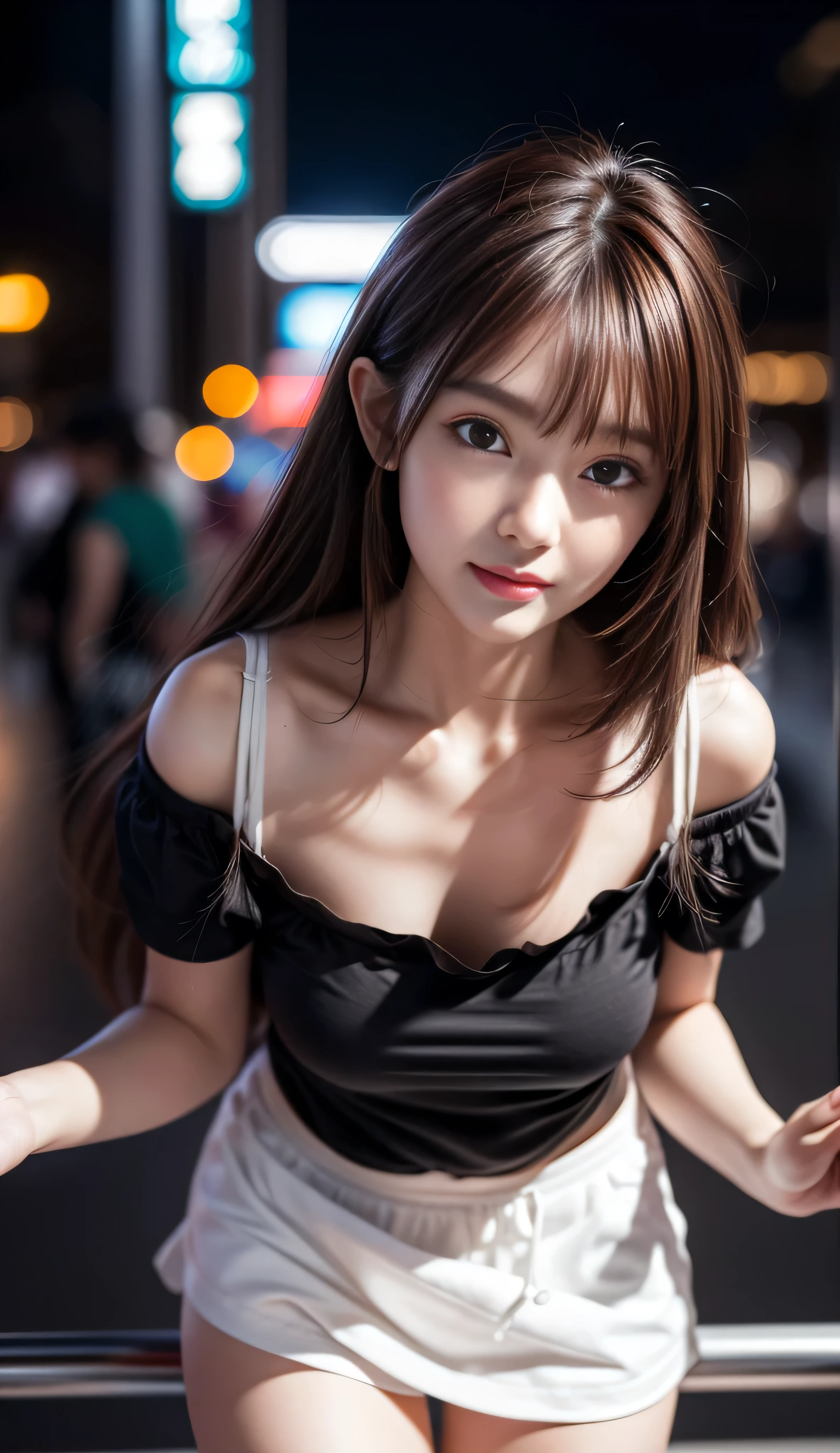 8k, Ultra-high resolution, highest quality, masterpiece, Rule of thirds photography,Surreal, photograph, 1 girl, (16 years old:1.3), pretty girl, Cute Face, Beautiful eyes in every detail, 細かくdetailedに,masterpiece,, One Girl:1.2, Japan Female Announcer,Cinematic Light, Lens flare, Ray Tracing, (Very beautiful face, Beautiful Lips, Cute eyes), Faces with intricate details, ((Ultra-dense skin)) 1 girl, Cute Japanese Girl, J-Pop Idol, 1 girl, (smile:1.3), (Fashion Night, (Neon Signs), (Blurred Background), Fashion Street Night),(There is no one in the background:1.3),  (whole bodyショット), ((Black silk dress:1.3)), ((Dress nicely)), ((Lace-up dress)), (View your viewers:1.3) ,Looking at the audience、beauty,Long neck、Laugh a little、Please close your mouth and laugh、(((Ideal body type))),A-cup small breasts :2,whole body、Perfect Anatomy、鮮明なdetailed、detailed、Surreal、Light and shadow,Strong light