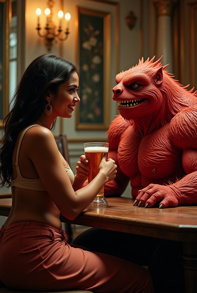 white male, fatter, hair blonde, red beard with horns on his head
, next to him a beautiful black woman with curly hair.