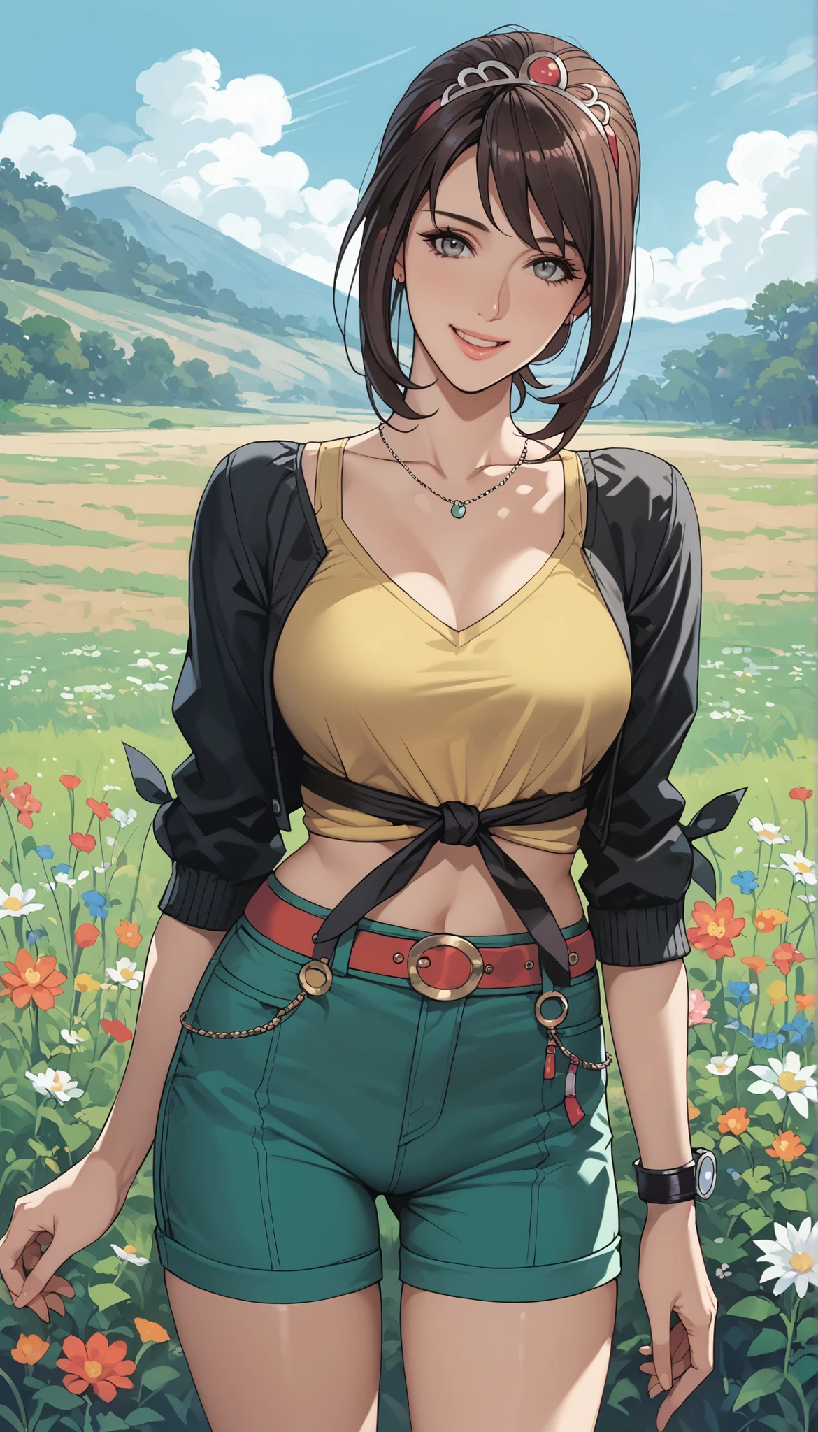 masterpiece, best quality, highres, ((Slim thicc waifu:1.3)), large breasts, elf, yellow eyes, blonde hair in short high ponytail, (black choker), (White sweater), jewelry, (ripped skinny jeans), long sleeves, cowboy shot, standing, field, smile, hands on face, hearts