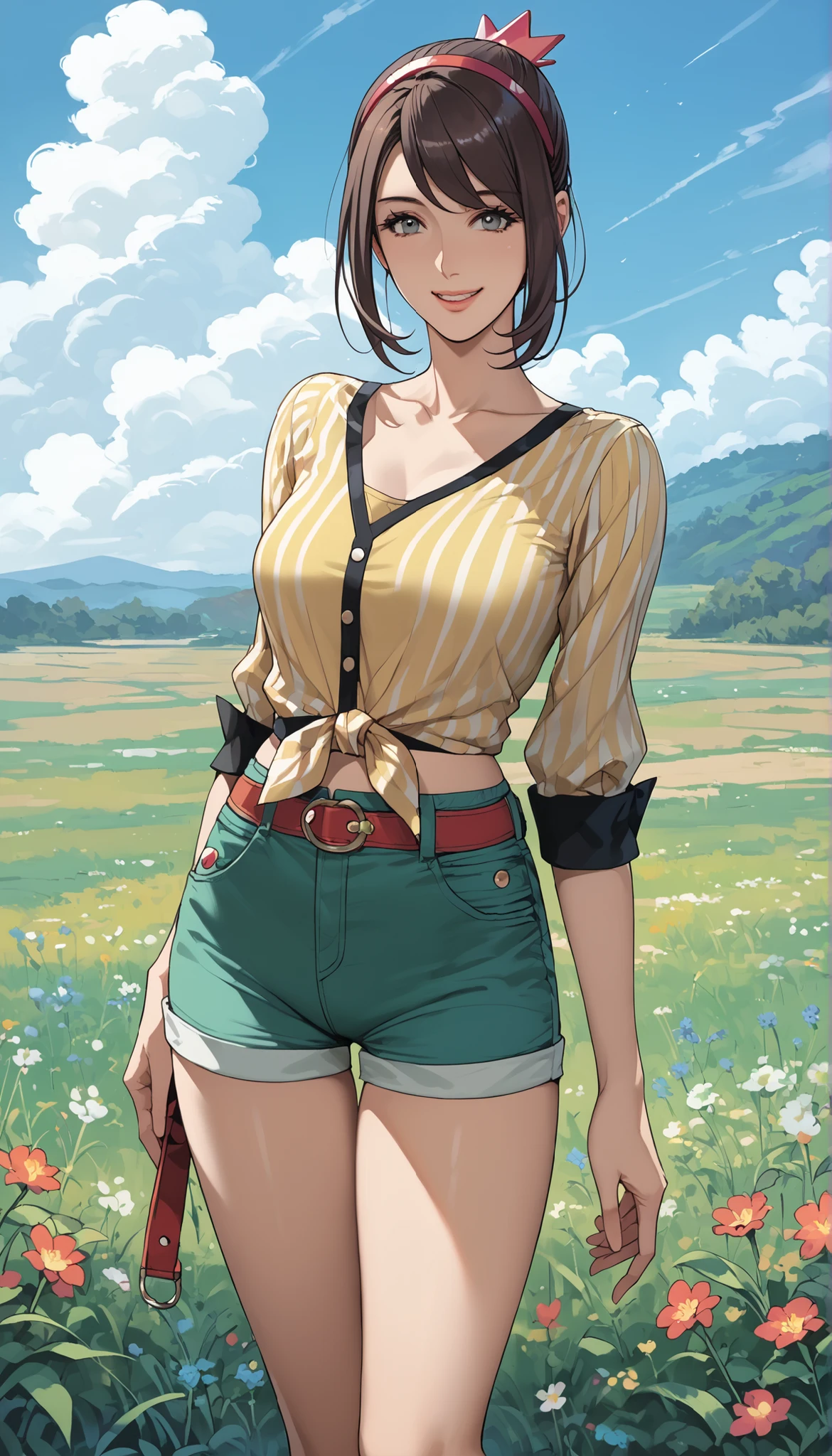 masterpiece, Highest Quality, high resolution, quiet 1, one girl on a day off, quiet 1, one girl on a day off, quiet (Pokémon), solo,  GREY EYES , dark haired, green shorts, red tiara , shirt, tied shirt,, short hair, Short Sleeves, shorts, Striped, yellow shirt, belts, ミドルクラスシューティング付きグリーンshorts, ãã©ã¹  , field, Smile, standing,