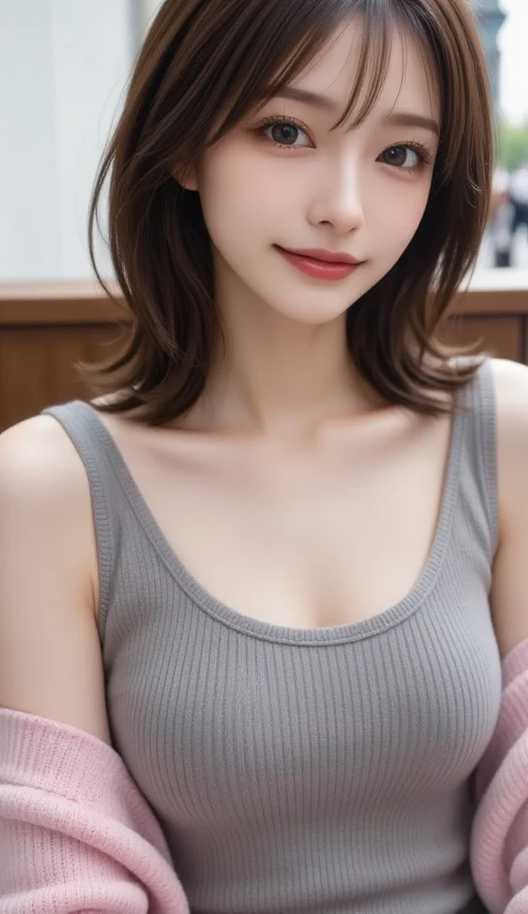 ((Highest quality, 8k, realistic photographic expression、delicate、detailed、Ultra-high resolution、masterpiece: 1.3))、((Slender body:1.4))、(((Mature beautiful middle-aged woman、4 Japanese matomically correct face、charisma)))、(Slim and toned waist:1.3),(((Very large breasts、Cleavage)))、((A lot of brown hair、Messy medium length hair))、((Wearing a knitted hat))、((White short sleeve tight tank top、Stretch out your tank top))、Natural Makeup、((smile:1.2))、Thin legs, Small face with pointed chin、Rough skin、Long droopy eyes、((Age Line、Wrinkles around the eyes:1.4))、necklace, (Professional cool lighting:1.3)、(Waist to head:1.2)、cool and simple dark wall background、