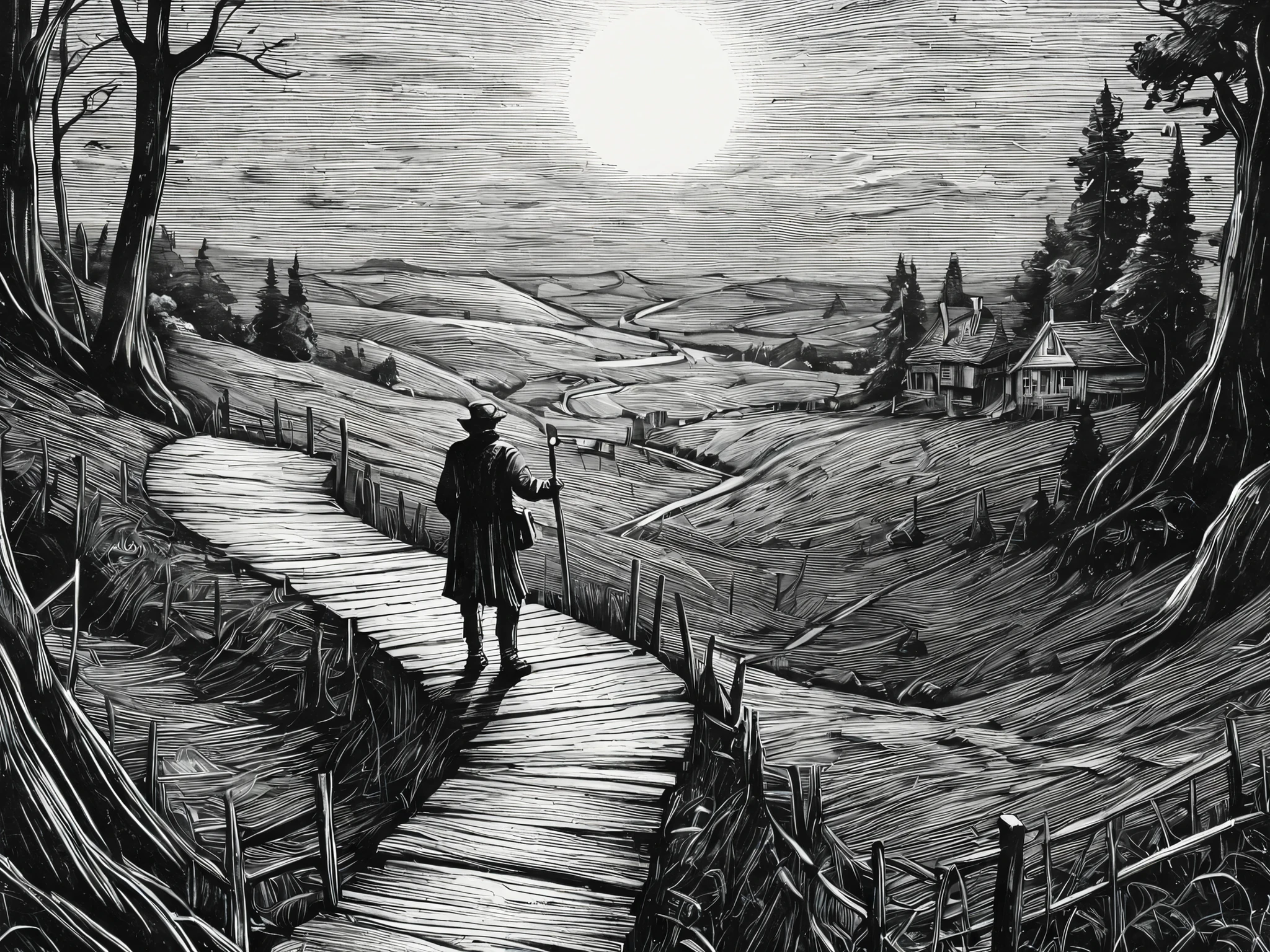 Fresh and creative pen strokes,Black and white style. Clear lines. (very detailed 8k wallpapers), detailed book illustrations, stunning detailed pictures, storybook designs, dynamic poses, full screen images, European woodcut style. illustration showing a traveler standing at a crossroads. One dark path and another lighting path.