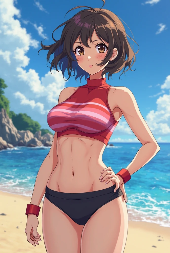 (hinata\(boruto\), (high quality:1.8), upper body:1.5, (curvy body:1.5), (ultra detailed body:1.4), (beach:1.7), (anime, tall woman, cowboy shot, (defined biceps arms:1.2), (water:1.2), ((red thong, bare arms, bare arms, bare shoulders)), (red halter top:1.4), (wide shoulders, off-shoulders), smile), ((big breasts:1.1)) ,(cleavage:1.2), closed mouth), ((pale skin)). ((dark blue:1.3, short hair, hime cut، loose hair, floating hair, floating hair:1.0),