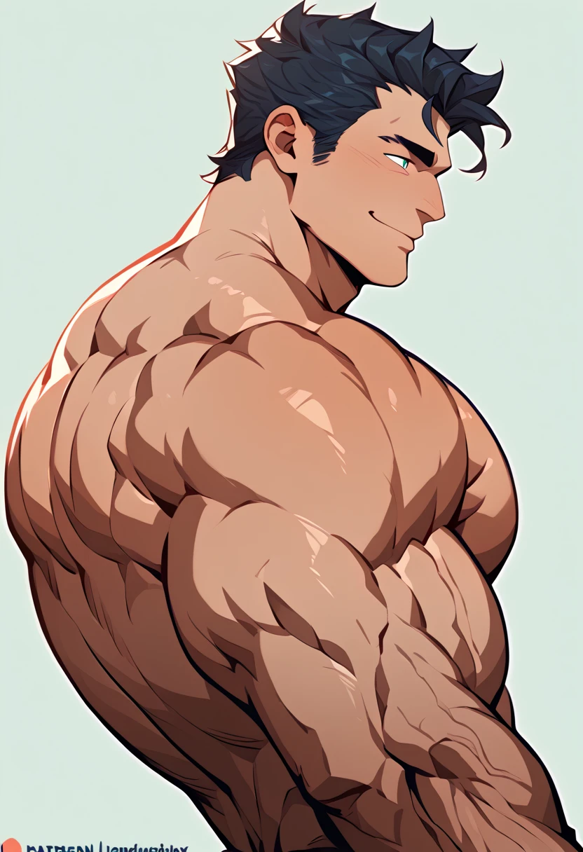 Very thin waist,Thick arms,(masterpiece,best quality,H),1 person,Nude boy,Very shy,My face turned red,Shy,muscular,Delicateeyes,nude,(nude),blue eyes,Shirtless,Upper body,Blue purple short hair,(fluorescent lamp),(a color),((Blue Background)),Shorts with white stripes,Thick arms,Broad shoulders,Strong without looking bulky,Tall figure,extremely tall height,The room looked very small in his eyes.,Hairy body,Very large body,Covered in muscles,Very strong,powerful,huge,biggest