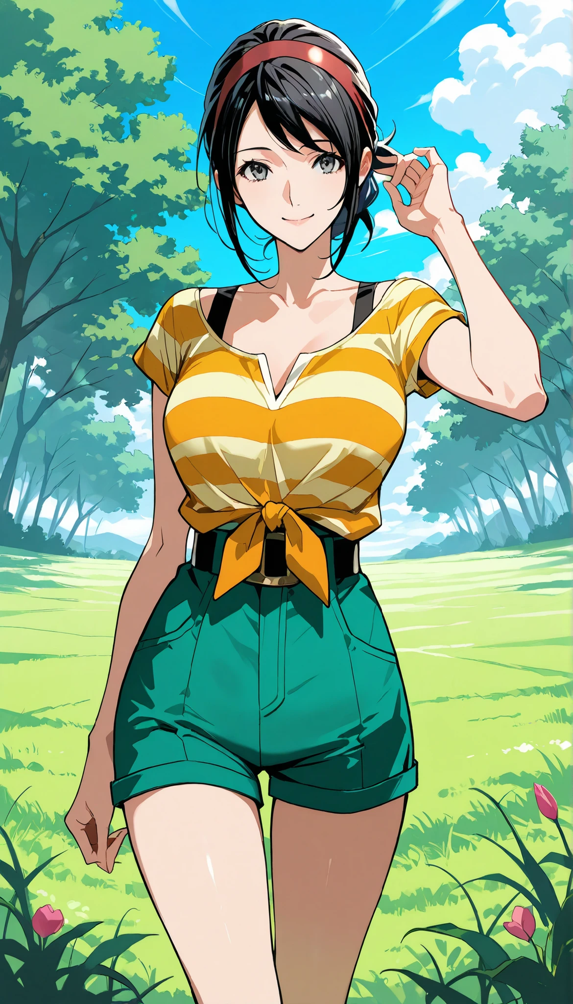 masterpiece, Highest Quality, high resolution, quiet 1, one girl on a day off, quiet 1, one girl on a day off, quiet (Pokémon), solo,  GREY EYES , dark haired, green shorts, red tiara , shirt, tied shirt,, short hair, Short Sleeves, shorts, Striped, yellow shirt, belts, ミドルクラスシューティング付きグリーンshorts, ãã©ã¹  , field, Smile, standing,