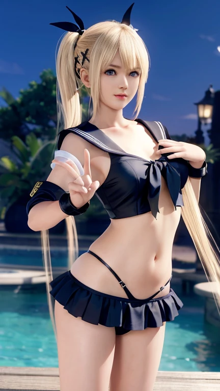 (masterpiece, best quality:1.2),illustration,8k,hd,1girl,solo,upper body,(portrait:1.2),long_hair,blonde_hair,elbow_gloves,underwear,striped_thighhighs,white_gloves,smile,navel,yellow eyes,highleg_panties,black_panties,anchor_hair_ornament,highleg,blush,school_uniform,crop_top,sailor_collar,hairband,hair_ornament,serafuku,miniskirt,pleated_skirt,blue_skirt,sleeveless,bare_shoulders,hair_between_eyes,grey_footwear,microskirt,midriff,neckerchief,collarbone,smug, small waist, slim waist, fit body, fit legs, toned legs, toned arms, fit arms, fit midriff, toned midriff, large breasts, huge breasts, giant breasts, muscular midrif, muscular arms, black panties, sixpack, cleavage