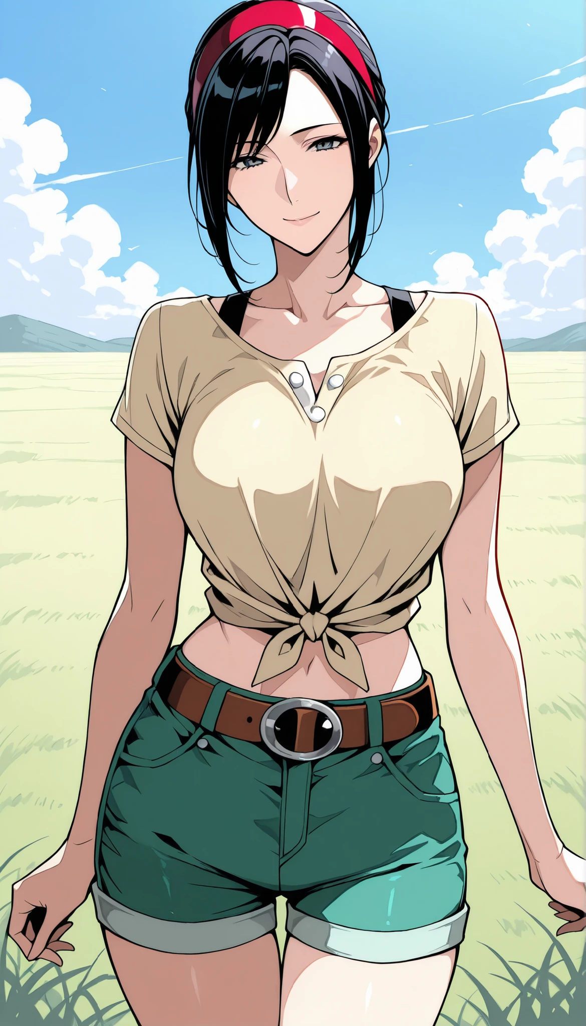 masterpiece, Highest Quality, high resolution, quiet 1, one girl on a day off, quiet 1, one girl on a day off, quiet (Pokémon), solo,  GREY EYES , dark haired, green shorts, red tiara , shirt, tied shirt,, short hair, Short Sleeves, shorts, Striped, yellow shirt, belts, ミドルクラスシューティング付きグリーンshorts, ãã©ã¹  , field, Smile, standing,