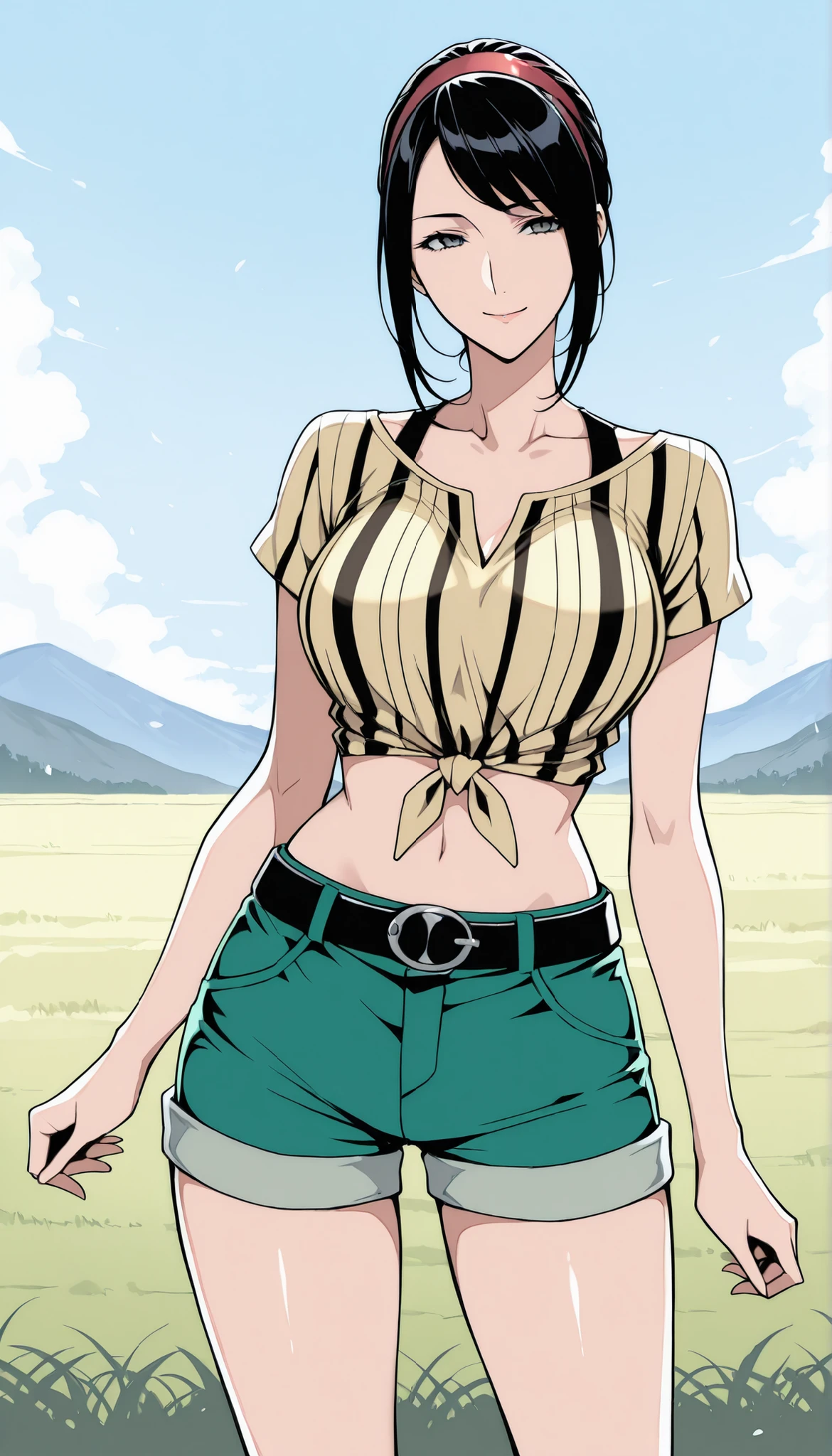 masterpiece, Highest Quality, high resolution, quiet 1, one girl on a day off, quiet 1, one girl on a day off, quiet (Pokémon), solo,  GREY EYES , dark haired, green shorts, red tiara , shirt, tied shirt,, short hair, Short Sleeves, shorts, Striped, yellow shirt, belts, ミドルクラスシューティング付きグリーンshorts, ãã©ã¹  , field, Smile, standing,