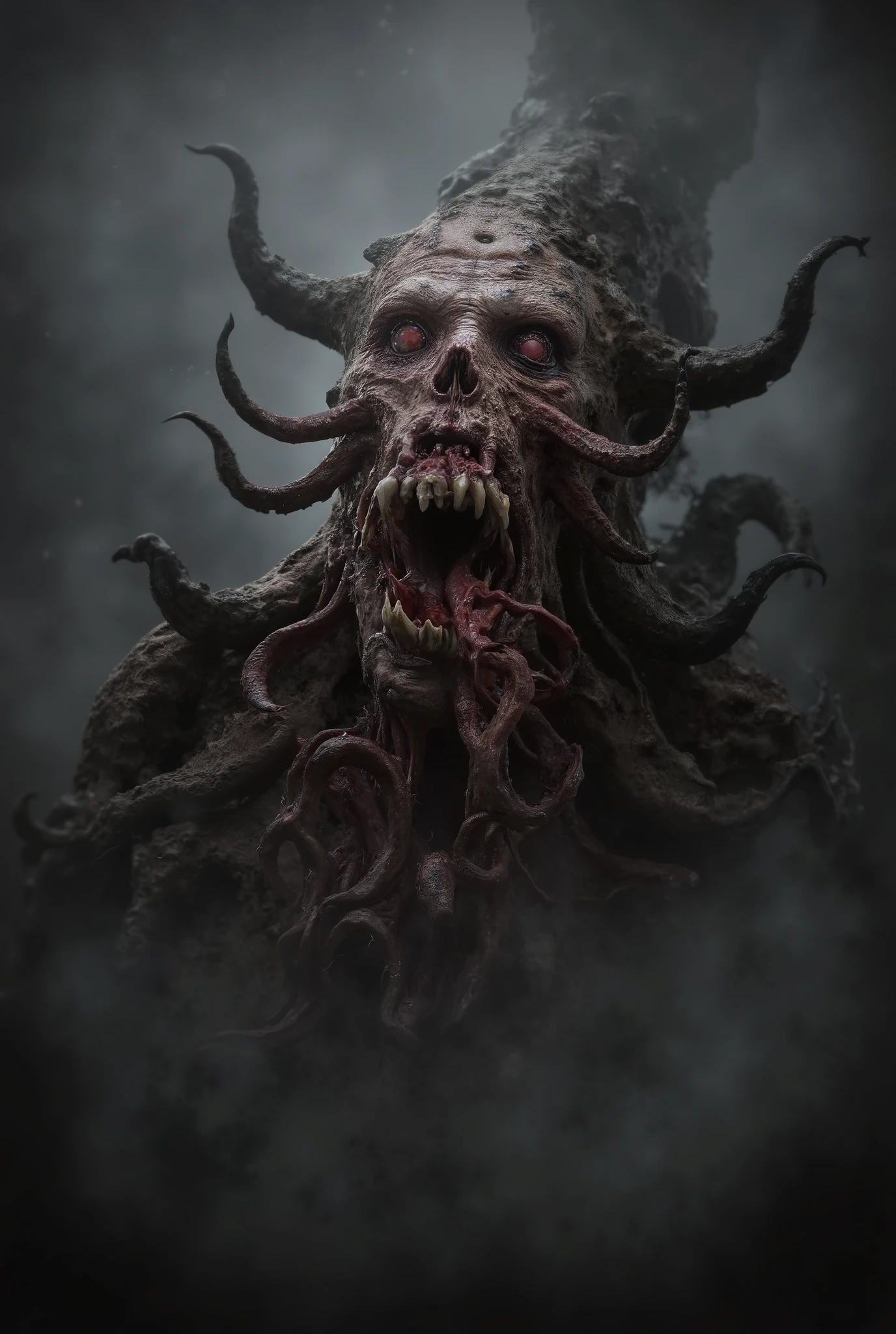 Eldritch entity, distorted face, tentacles coming out of the eyes and mouth, biomorphic body, darkness and fog background, high detail, masterpiece.