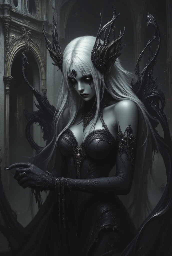 dark fantasy theme, mystical, zoomed, Dark theme, underworld theme, deviant art masterpiece, a pale girl on a dark throne, crimson eyes, grey hair, dark dress, dark tattoos, colour grading, dark illustration, extreme quality, extremely detailed