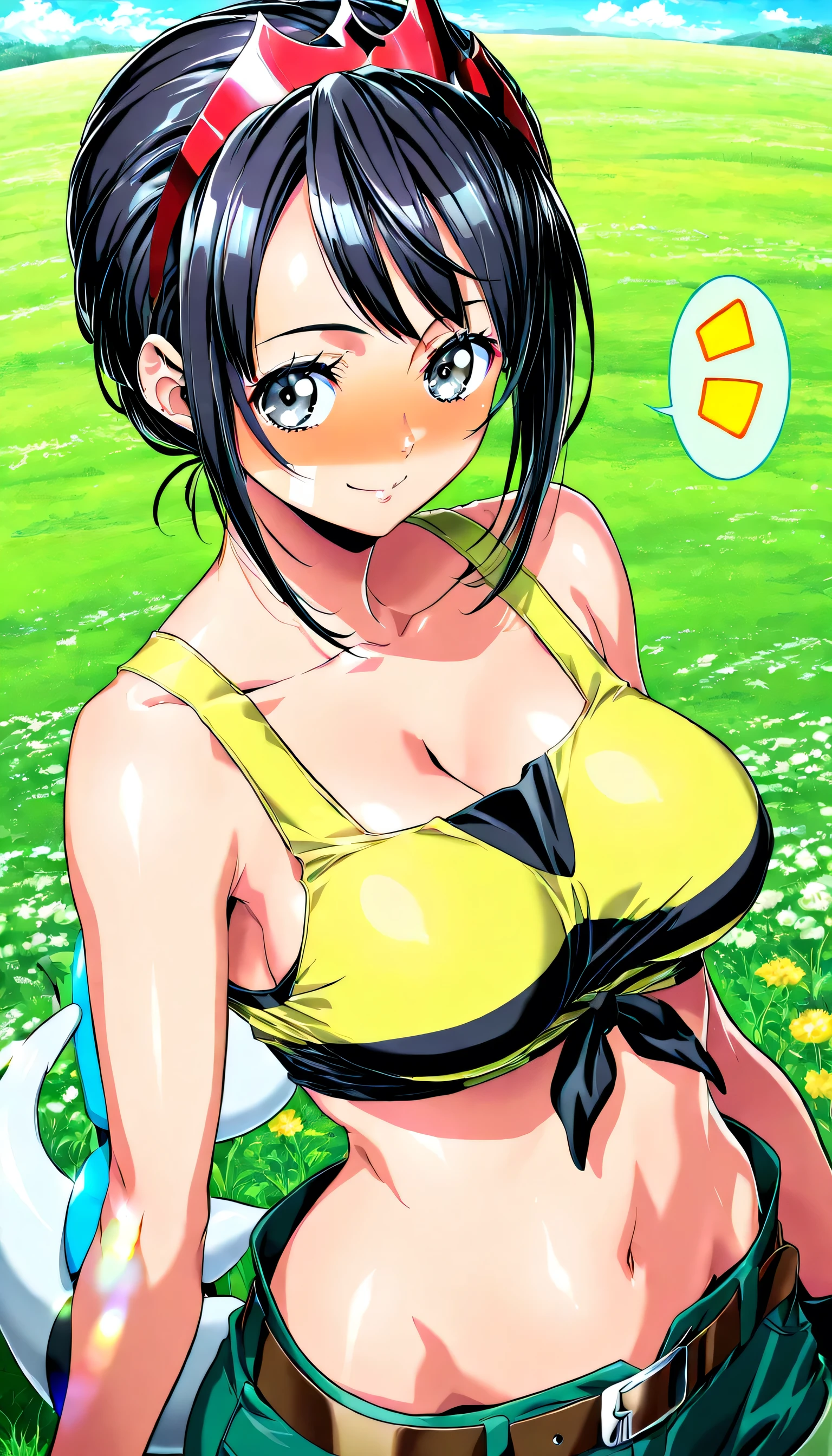 gigantic breasts,bursting breasts,cleavage cutout,cute smile,shy,one eye closed, around city ,masterpiece, best quality, 1girl, Chie satinaka cosplay as mii brown hair, short hair, blue eyes, earrings, necklace, dark skin, bikini, large breasts, cleavage, upper body, smile, sketch, looking at viewer, simple background, retro artstyle, 1980s \(style\), 1990s \(style\),man in between breasts,dance