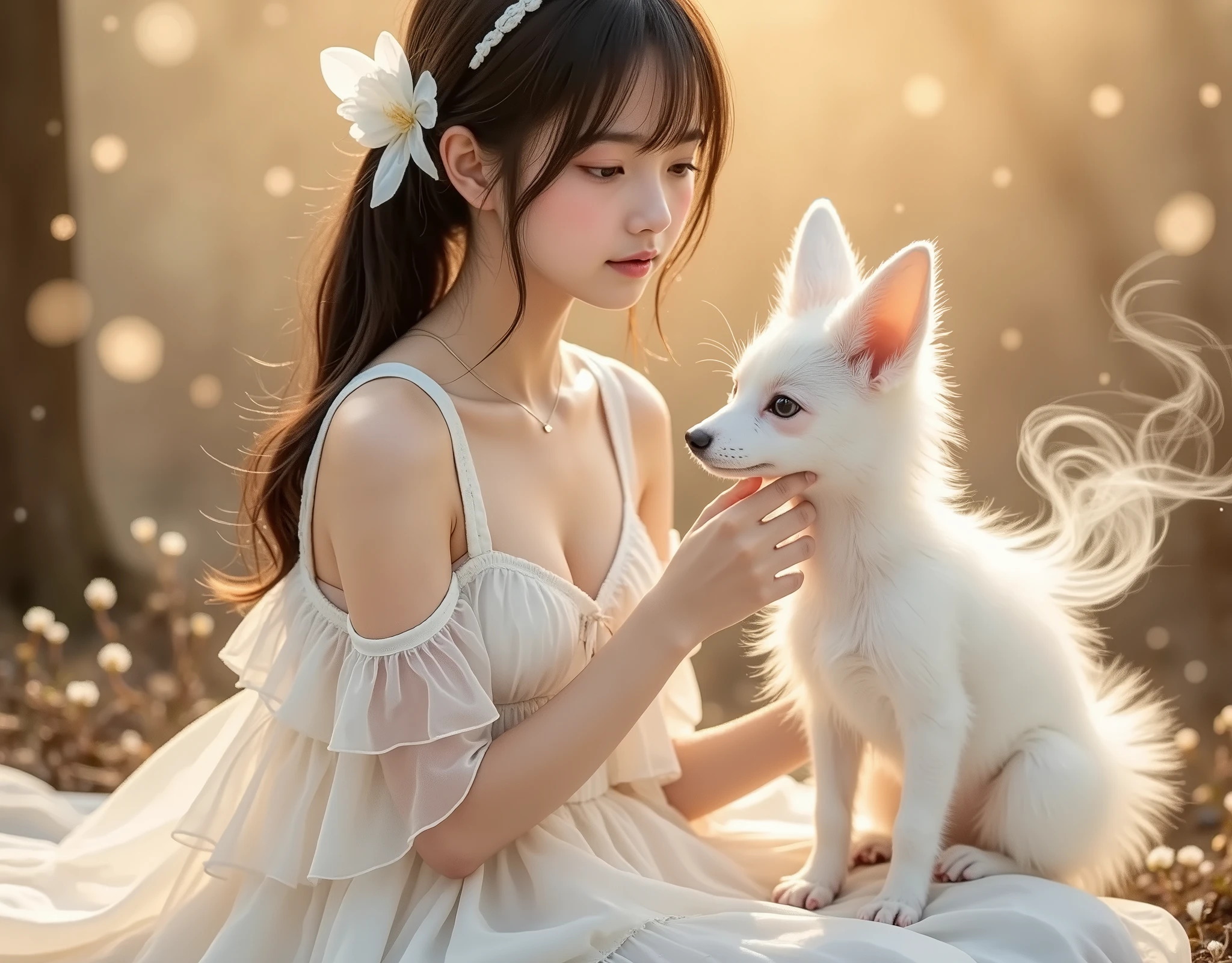  whimsical ,  spiritual scene , A delicate girl and an imaginary creature like a white Fennec are playing、 where nature and fantasy create a harmonious fusion. Her Outfit,in a layered white dress, gently imitates flower petals, in addition to her enchanting appearance. evokes strangely innocence, on the other hand、彼女のpeaceful態度は好奇心や熟考を暗示しています. The white fennec also looks like smoke、I'm sharing space with an imaginary creature like a white Fennec, spurs this magical atmosphere. The background has warm, gentle hues, Reminiscent of a sparkling sunset and a mystical aura, Enhancing the dreamy texture of the composition. This arrangement is 、peaceful, It reminds me of a fascinating world of fantasy and beauty.
