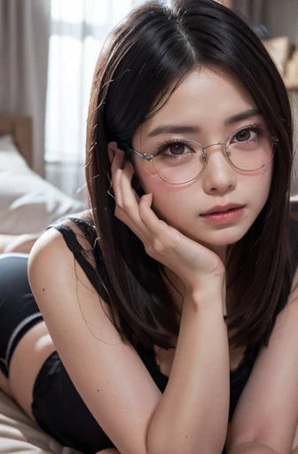 ((top-quality、8K、masterpiece: 1.3))、sharp: 1.2、Perfect Body Beauty: 1.4、Slender Abs: 2.0、((Layered Hair Style、Colossal tits: 1.2))、Highly detailed face and skin textures、A detailed eye、二重まぶた、Long pink hair、all-fours、Exposed panties、Exposed cleavage、Body lines、japanes、Desire for sex、eye glasses、embarassed face、Metal shackles、a bed