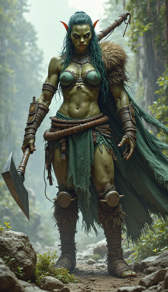 a female orc warrior, detailed muscular body, fierce expression, sharp fangs, dark green skin, black hair, wearing fur armor, holding a large battle axe, in a dark fantasy forest environment, dramatic lighting, cinematic camera angle, (best quality,4k,8k,highres,masterpiece:1.2),ultra-detailed,(realistic,photorealistic,photo-realistic:1.37),intricate details,epic scale,dramatic atmosphere,moody colors,chiaroscuro lighting