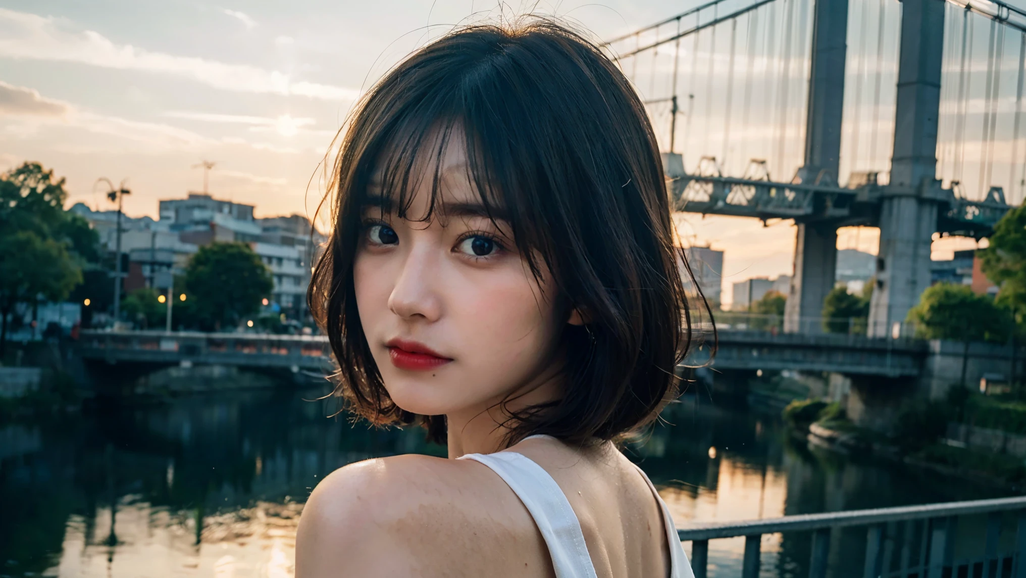 ((Best Quality, 8K, Masterpiece: 1.3)), Sharp: 1.2, Perfect Body Beauty: 1.4, Slim Abs: 1.2, ((Layered Hairstyle, Big Breasts: 1.2)), (Wet White Button Long Shirt: 1.1), (Rain, Street: 1.2), Wet: 1.5, Highly detailed face and skin texture, detailed eyes, double eyelids, side face looking at the camera