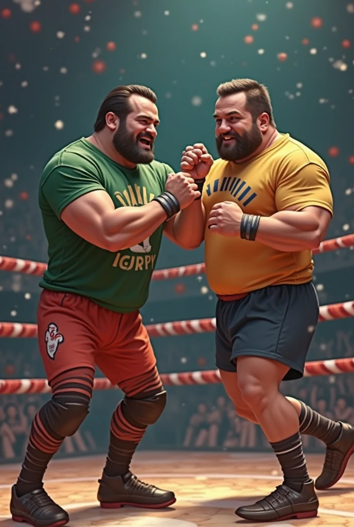 ((Obra maestra, La mejor calidad, 4 hombres maduros, 50 years old, con bigote, muy gordos y musculosos y peludos (visten speedos cada uno de diferente color) (son Wrestles luchando en parejas en un ring)