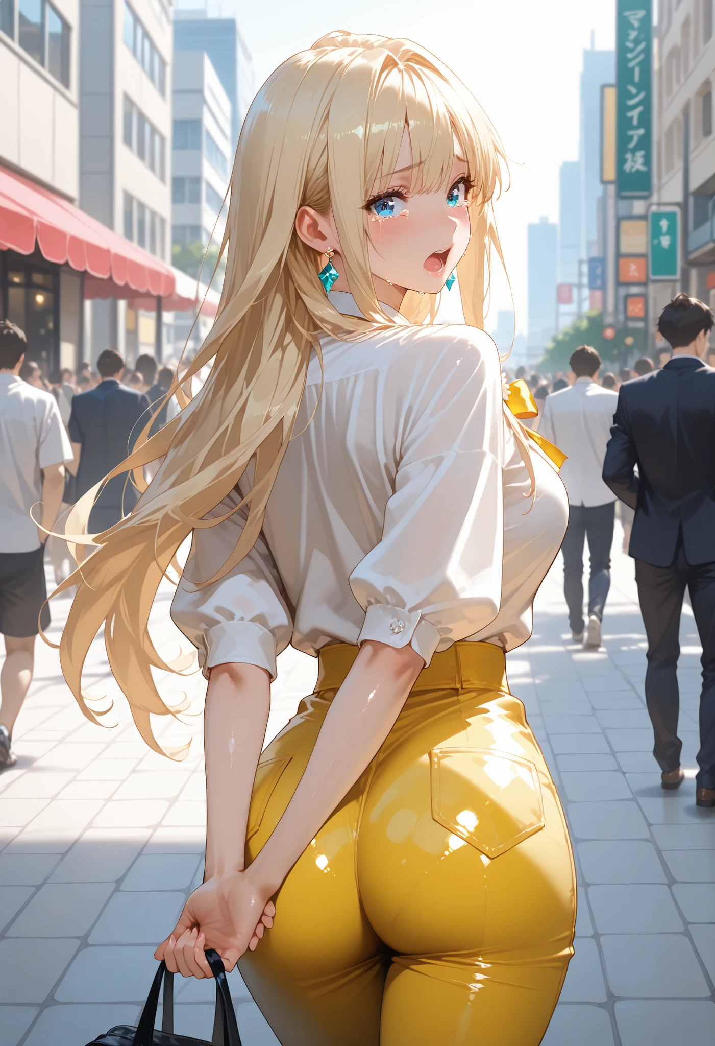 Masterpiece, Best Quality, 8K, Photographic Reality, Realistic, Octane Rendering, Bustling Urban Streets of Japan (1 Woman: 1.4), (Only One Woman on the Screen: 1.3), (White Shirt), (Long Golden Hair), (Hip Wrapped Skirt), (Blue Eyes) Upper Body Display