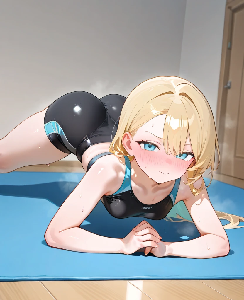 Sex, blonde, blue mesh, chignon, slender, sulky eyes, expressionless, swimsuit, whole body, rape, creampie