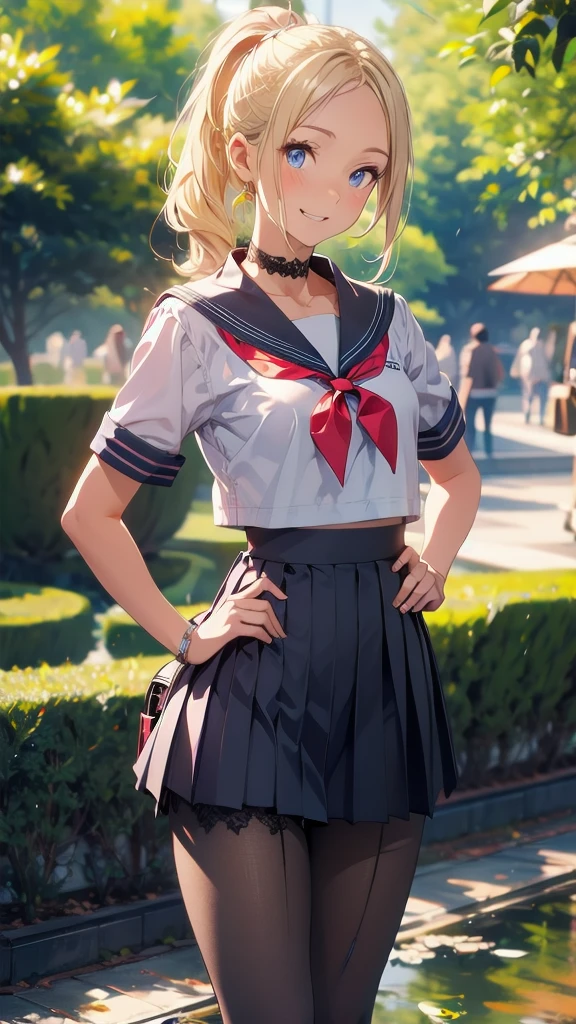 1girl, full body, summer, village, trees, sun, clouds, ((colorful hair)), ponytail, large breasts, button down, blue eyes, ((red, white and green shirt)), ((unbuttoned shirt)), unbuttoning buttons, ((short sleeved shirt)), black mini skirt, brown shoes, grin, looking at the viewer, standing, red, white and green hair ribbon, cleavage, ((golden necklate))