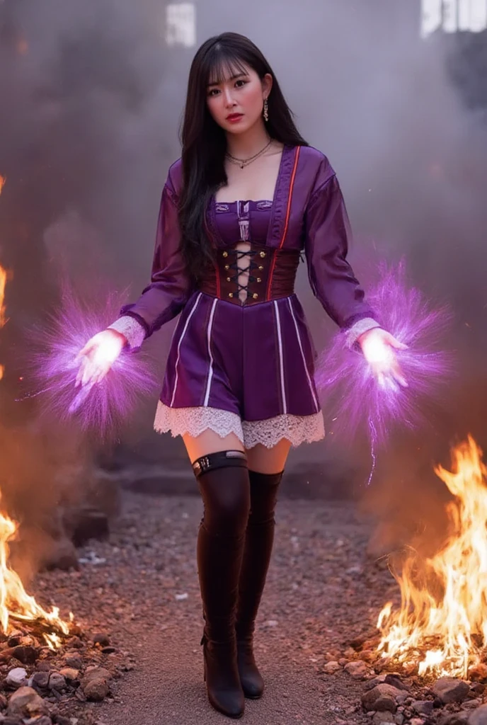 Kizi,the witch,magic clothes,Purple Flame Magic,Magma background,Flame whirlpool