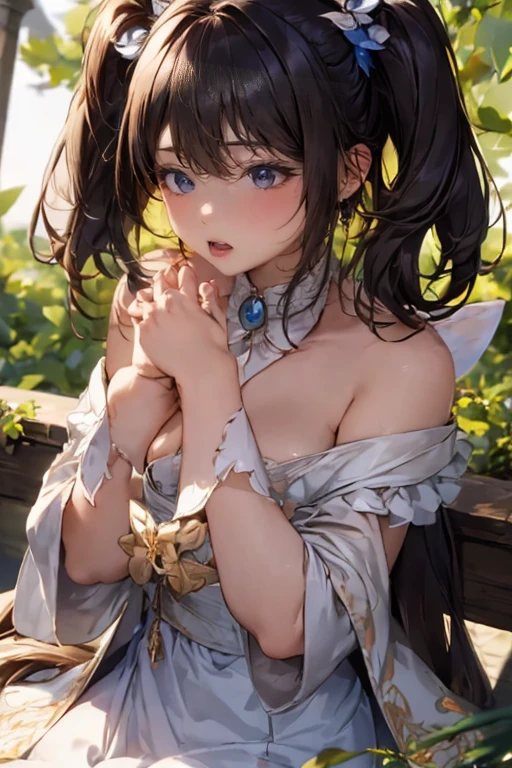 (Masterpiece:1.5), (((High qualityสุด, best quality, High quality))), ((complicated details, very detailed, Crazy details)), height, 32ก, Extremely detailed CG 8K unity wallpaper., (beautiful and beautiful:1.2),, (depth of field:1.3), (Flawless.:1.3), (Delicate depiction of details:1.4),
(((Abundant natural light, Delightful bright colors))), (Ambient volumetric backlight:1.5),  (Illustration of an extremely beautiful young woman:1.3),
(upper body:1.4), (perfect center:1.4), (Natural willow pose:1.5), (((dynamic poses, movie corner))),
(1milf:1.5), (alone:1.4),
beautiful beautiful face, [(detailed face:1.2):0.2], Bright eyes, Pure Rose Face_v1, ulzzang-6500-v1.1,  (gag:1.5), (red lips:1.4), (full lips:1.4), (smile:1.3),
Flawless attractive body, (((The feminine curves are pronounced.))), Skin glows brightly., realistic skin, hair follicles, (((Tightening belly, navel, Groin:1.3))),
(((Golden thread flutters.))), (Fringed tassels:1.3), (Tight long sleeves:1.4), (Single neck), (The invention shines.:1.5), (Elegant and intricate clothing accessories:1.5), (Embroidery work decorated with gems:1.4), (sparkling clothes:1.4), (sparkling particles:1.3), (((The front seam is sagging., Sagging back seam))), (((earring, armband, Hair clips, hair accessories))), (Stand alone in a magical outdoor garden decorated with gems and colorful exotic flowers and shrubs.:1.5), (Outside the great ancient palace:1.5), (Separate outfit showing nipples:1.4), (semi-naked:1.8)