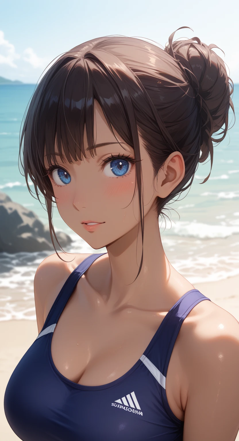 highest quality、Realistic、Women、Japanese、zoom、look up、cute、Ocean、Cobalt Blue Eyes、Chestnut Hair、Short Hair、Swimwear、Face close-up、slender、Small breasts