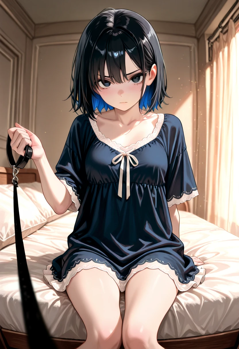 Hands Behind Back,Tied with hands behind back,lick,from front,front view,looking at viewer, looking ahead,from above,cowboy shot,1girl,Beautiful 14 year old girl,Japanese,Slender,,low length,Small breasts,Thin legs,Small Ass,Baby Face,Small face,Black Hair,Short Twin Tails,Gray Eyes,Drooping eyes,slit pupils,narrow eyes.middle School girls,Black collar with black leash,A see-through black and light blue negligee,Sexy Lingerie,open mouth,tongue out,front face,Kneeling,Straight Stand,Beautiful and detailed anime art,Mischievous smile,Sexy vibe,cum on tongue,Dimly lit room,On the bed,Simple Background,Gray background,Low lighting,
