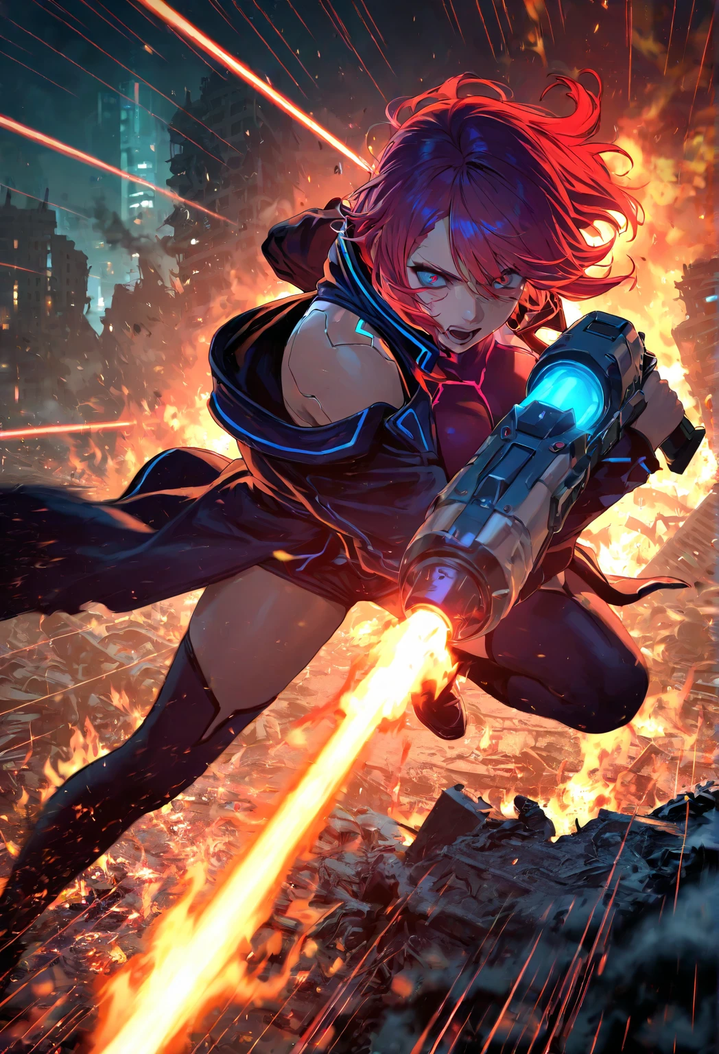 best quality,4k,8k,highres,masterpiece:1.2),ultra-detailed, extremely detailed eyes, extremely detailed body, (large masterpiece digital art), (detailed manga illustration), (detailed line art), ((perfect anatomy)), (intricate details:1.3), (ultra-detailed:1.3), (illustration:1.3), (sharp focus:1.3), (natural lighting:1.05), (vivid colors:1.3), (masterpiece), (best quality:1.4), (perfect anatomy:1.4), high quality, expressive eyes, full body, detailed face, beautiful face, perfect face, 1 girl, breasts, cleavage, gloves, huge breasts, cyberpunk clothes, jacket, black jacket, very long hair, thigh length hair, ({dark skin}), dark-skinned female ,detailed ((red hair)), messy hair, green eyes, hourglass physique, bodysuit, ultramarine bodysuit, sleeveless, shorts, thick thighs, toned, captain marvel emblem, emblem, superhero, dynamic lighting, cinematic lighting, dynamic heroic pose, smiling, outer space background, curvy,