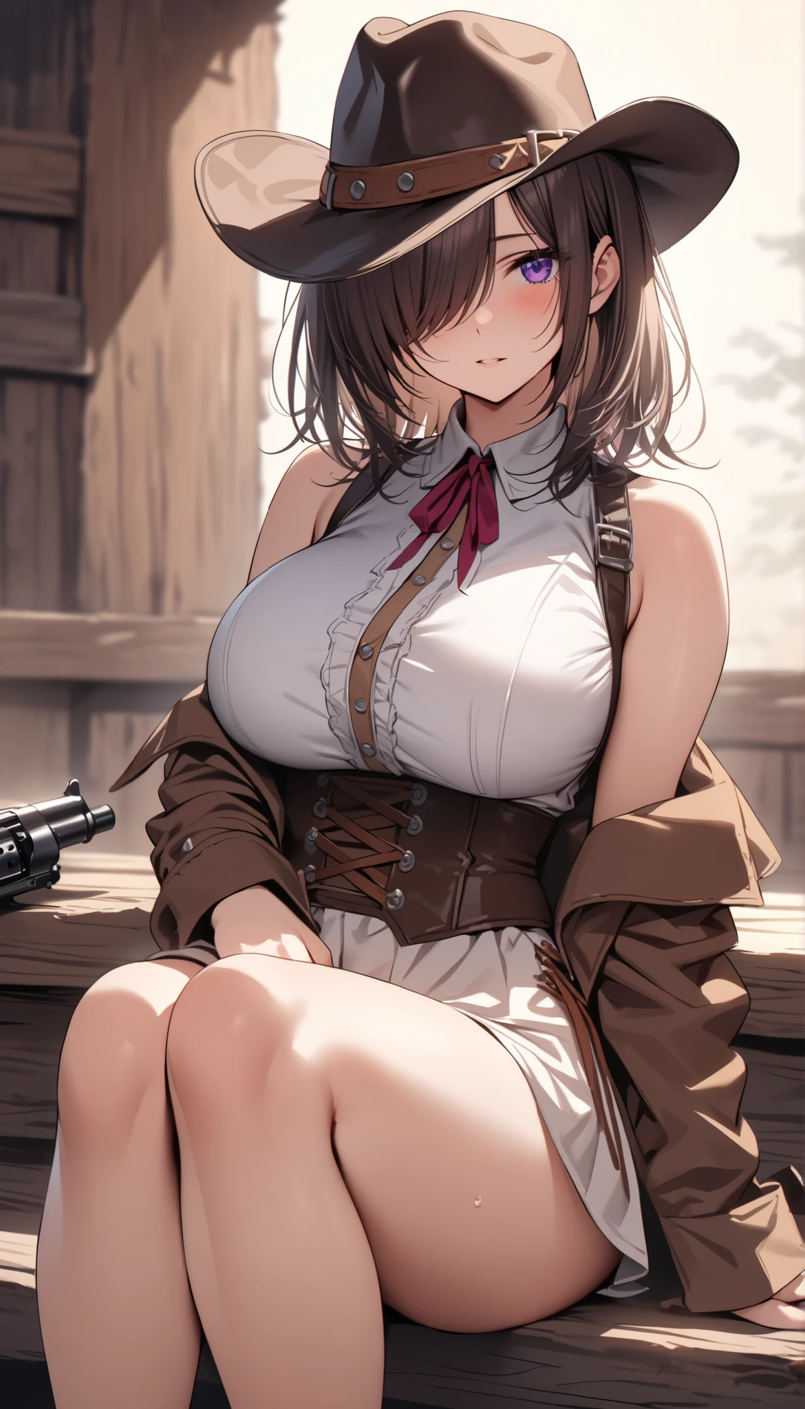((leaning forward)), ((alone)), city, street, ((white blouse)), ((wearing a red miniskirt)), ((blush:1.2)), ((raise your arms a little)), A voice suddenly comes out, 1 girl, hairpin, huge breasts, ((cleavage is visible)), exposed thighs, big ass, short hair, Weak women, ((long and thin legs)), ((thin waist)), thick thighs, ((cowboy shot)), yellow eyes, Close your legs, Beautiful woman, adult woman, cute face, pretty eyes, ((Panty shot))