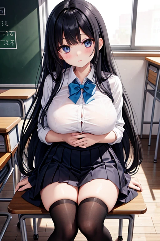 best quality,1girl,((big breasts:1.5)),((((loli,10 years old,,little girl:1.3)))),curvy,orgasm,ahegao,blush,blue eyes,black hair,long hair,((two side up:1.1)),((school uniform,white shirt,plaid skirt,blue skirt,mini skirt,lift skirt,upskirt,white panties,lace panties,black thighhighs:1.1)),((sitting,crossed legs)),see through,classroom,pussy juice