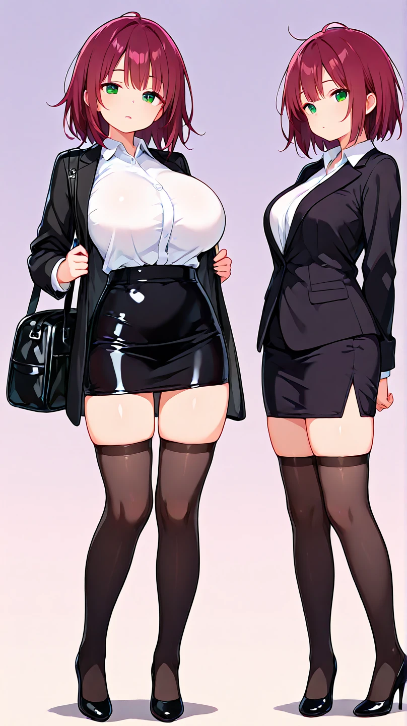 (solo 1 skinny girl standing in office:1.2), swaying back, (business suits:1.3), black blazer, (bursting gigantic huge breasts:1.2), necktie, inconceivably thin waist, too short black skirt, thigh gap, highheels, nose blush, perfect anatomy