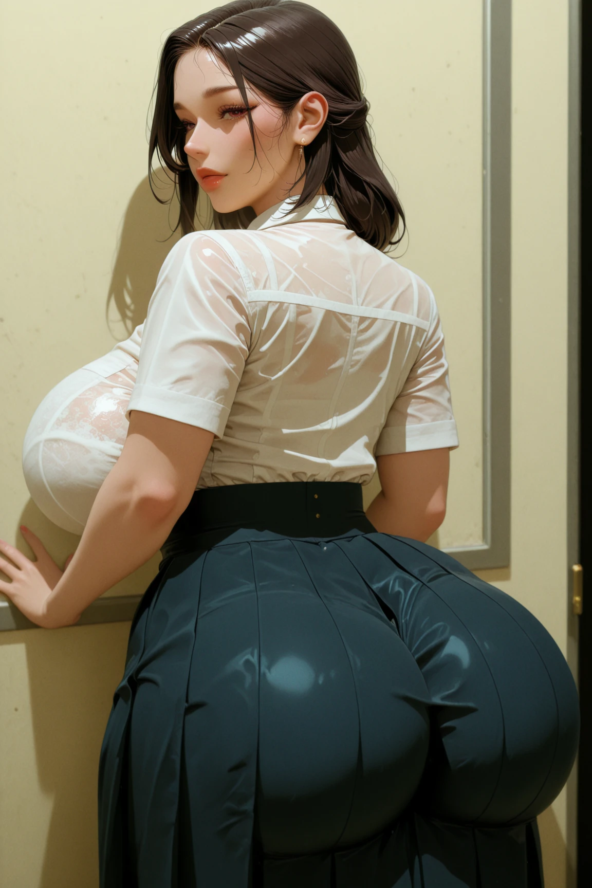 highest quality, 8K quality, masterpiece, professional lighting, (Two women are standing facing each other:1.2), (Super huge breasts compressed with clothes:1.3), Whitening skin, Sparkling blue eyes, (A tight pure white shirt that completely covers her huge breasts.:1.4), Crimson Ribbon Tie, Amazingly short super mini pleated tartan check skirt, (The upper body is hidden by the shirt and no skin is visible.:1.5), (Curly waist:1.2), above the knee, white panties, Skirtliftv1, (ass:1.3)