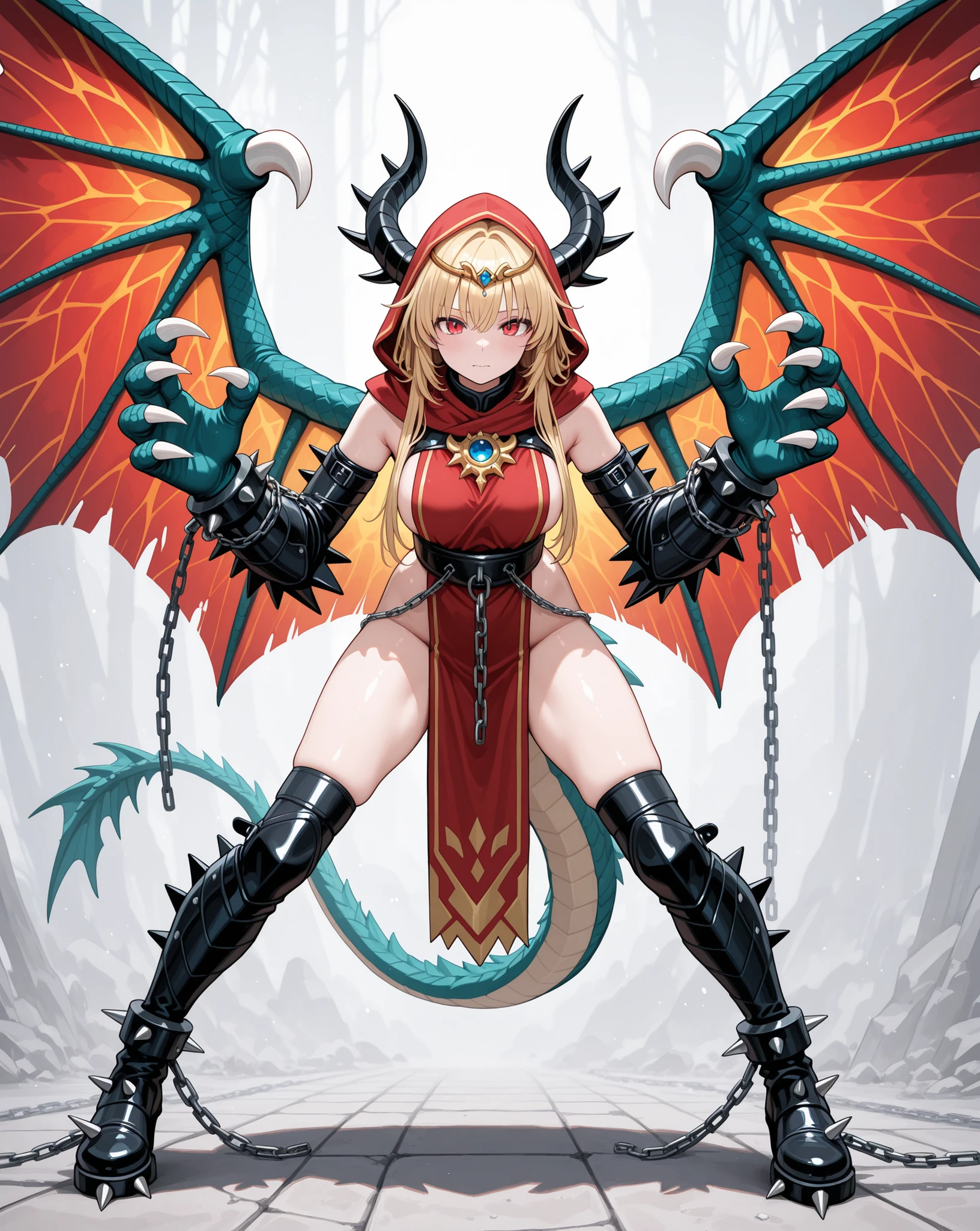 womanhood, huge claw arm guard, Chain Bondage, Spiked Boots, Sharp Edges, Dragon Wing Circlet, 
