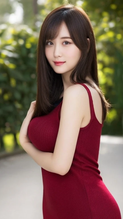 A sexy girl in a red off-shoulder T-shirt，Big breasts，Bending over to show cleavage，on the street，A cup of coffee in hand，daytime，whole body，Mid-Long View，dark blue hair, aqua eyes, smile, depth of field, Eye-Level Shot, UHD, textured skin, highres, best quality, 8k