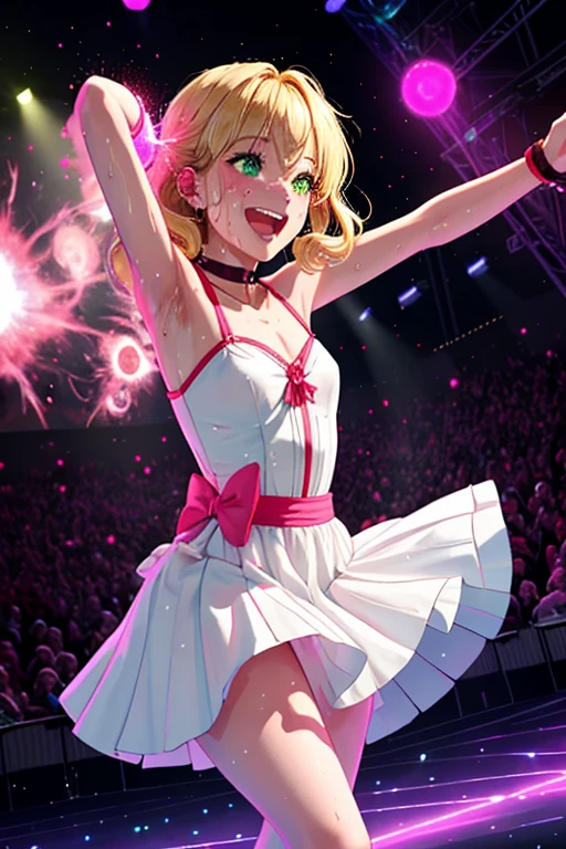 masterpiece, best quality, 1girl, solo,ruby hoshino, long hair, bangs, blonde hair, (pink eyes:1.3), sidelocks, (symbol-shaped pupils:1.5), multicolored hair, two-tone hair,white dress shirt, naked shirt,cleavage ,open shirts,large shirts,no panties,bottomless,