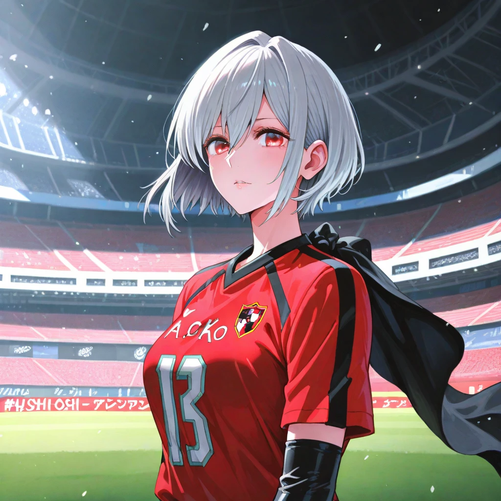 white rabbit years,rabbit girl,short hair,girl,Small breasts,white hair,masterpiece,best quality,super detailed,super fine illustration,8k,(fullface brasched:1.3),masterpiece,best quality,detailed background,BREAK sports wear,BREAK little smile,BREAK sports ground,detailed background,beautiful background,BREAK she is playing soccer.
