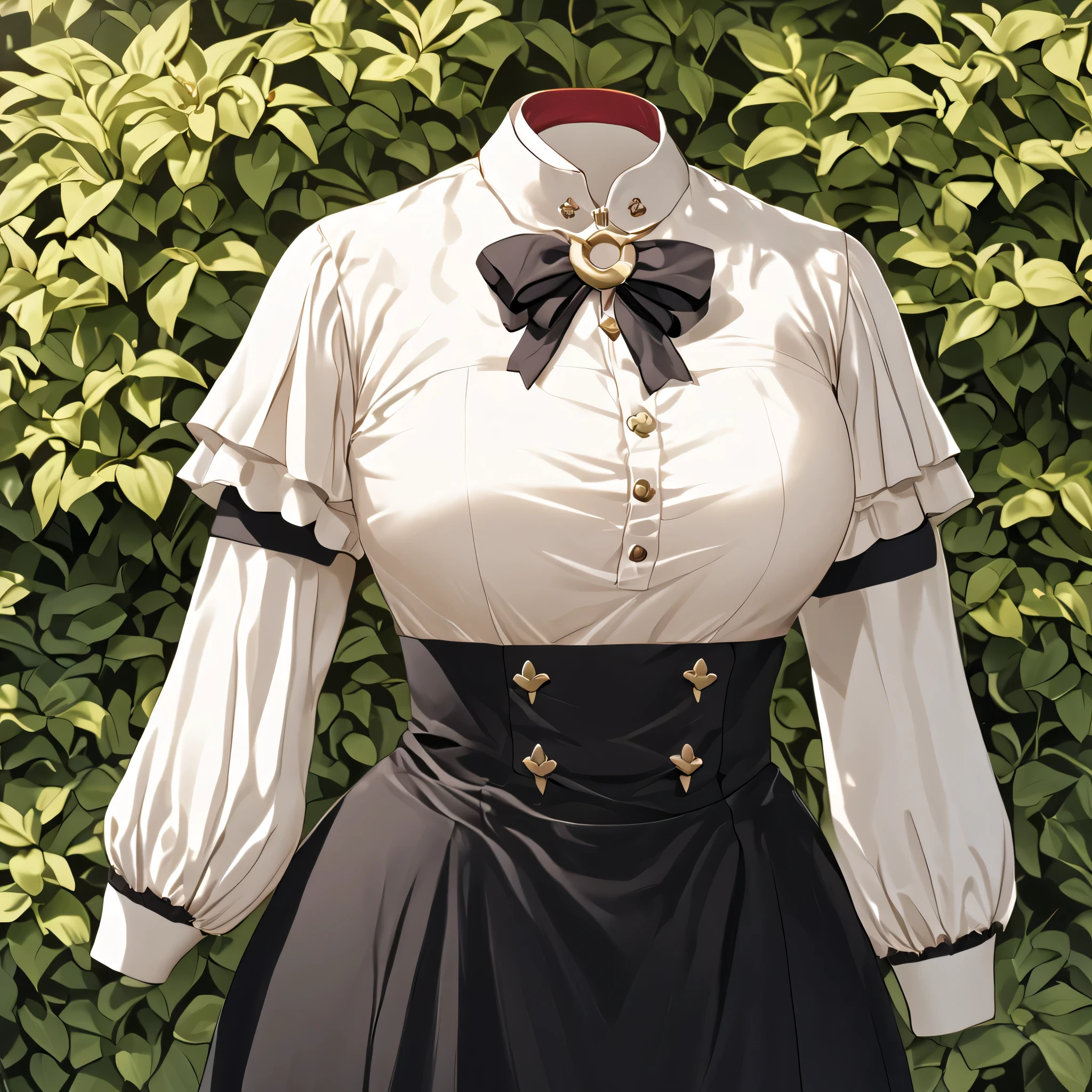 Hilda Valentine Goneril, white blouse, black skirt, Garreg Mach uniform, masterpiece, in garden, (invisible:1.5, no humans:1.5, headless:1.5, faceless:1.5), cute big huge breasts, detailed cloth texture, extremely details, close-up to breasts