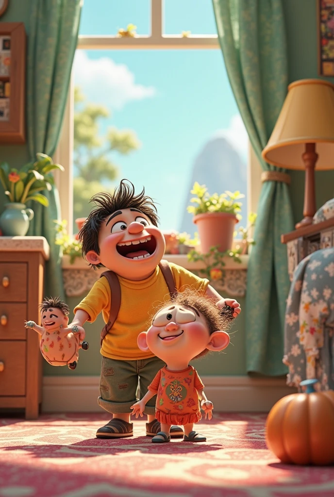 I want a photo of an emotion from the fun pixar film.It's one with pink hair ,yellow skin holding a phone and happy